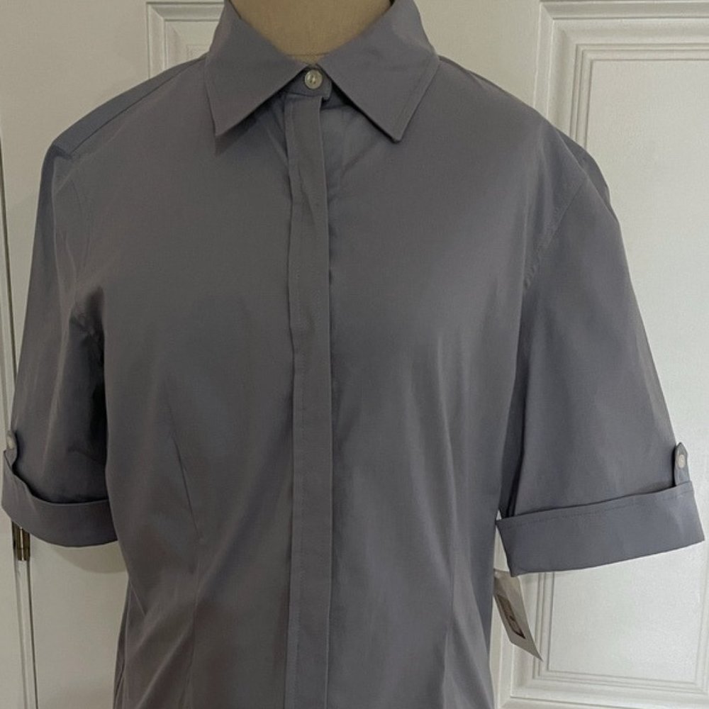 Caslon Nordstrom Women Cotton Button Down Top Shirt M Long Sleeve Blue Gray NWT